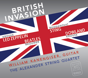 British Invasion cover shows the Union Jack flag with names superimposed — Led Zeppelin, The Beatles, Sting and John Dowland have inspired works by contemporary composers Ian Krouse, Dušan Bogdanović and Léo Brouwer.